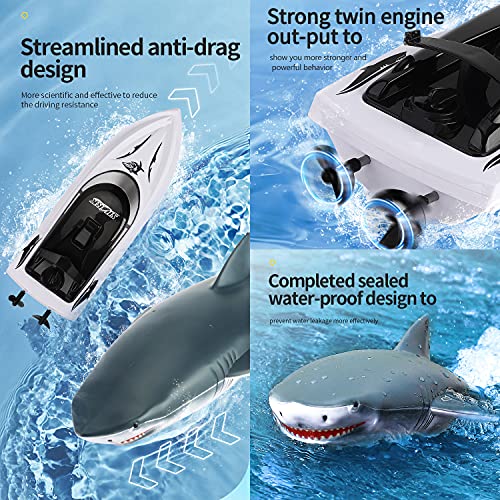 OBEST RC Juguete Barco 2.4GHZ Control Remoto TiburóN Barco, 2 en 1 Flexibles TiburóN/Lancha RáPida, Juguete EléCtrico Shark de Piscina Agua para NiñOs