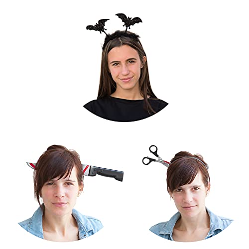 Oblique Unique® Juego de accesorios para disfraz de Halloween – Diadema de murciélago + tijeras en la cabeza + cuchillo en la cabeza diadema para Halloween temática fiesta