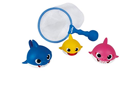 ODS 48822 Baby Shark - Juego de 3 Tiburones con Red para bañera, Azul, Rosa, Amarillo, Blanco