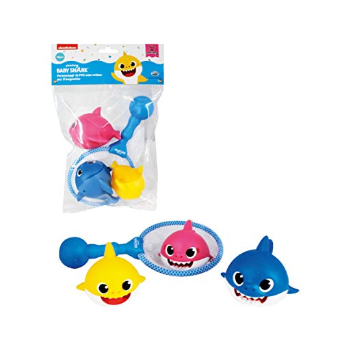 ODS 48822 Baby Shark - Juego de 3 Tiburones con Red para bañera, Azul, Rosa, Amarillo, Blanco