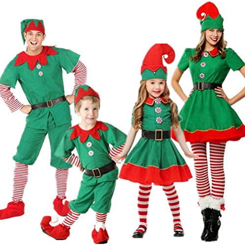 Odziezet Adulto Niño Niña Disfraz Conjunto Duende Verde Traje Falda Navidad Cosplay Halloween 5PC