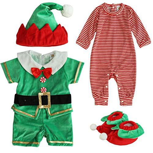 Odziezet Navidad Conjunto Bebé Niño Niña Papá Noel Elf Reno Muñeco de Nieve Ropa Disfraz 4 PCS Sombrero + Traje + Zapatos + Bufanda 0-2 años