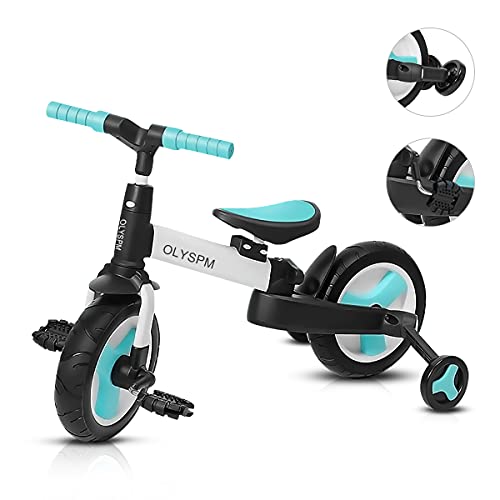 OLYSPM 5 en 1 Triciclo Bebé Plegables Bicicleta sin Pedales para 1-6 Años Niños,Triciclo para Bebes con Pedales Desmontables y Ruedas Auxiliares,Triciclo Evolutivo(Azul Claro)