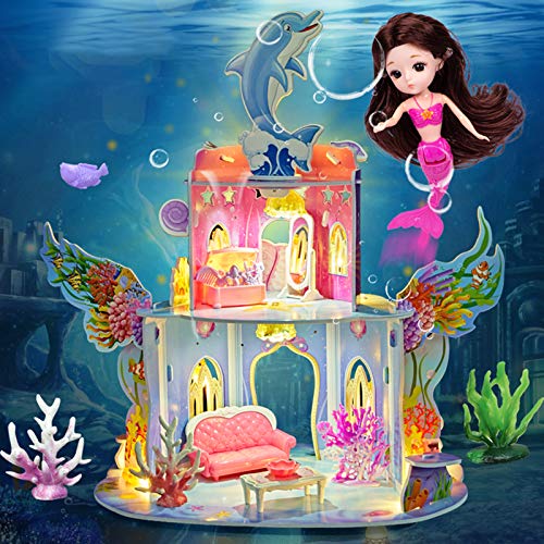 onehous Casa de Muñecas, 2 Pisos Casa de Muñecas Mermaid Cottage, DIY Juego de Juego Casa de Muñecas con Accesorios y Mobiliario, Casa de Juegos 3D para Niñas