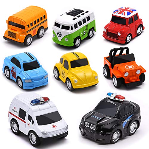 onehous Juguete Coches, Metálico Tire hacia Atrás del Auto Camiones Vehículos, Pack de 8 Mini Die Cast Set de Coches de Juguete, Coche de Policía/Autobús Escolar para niños de 3 a 12 Años Niñas Niños