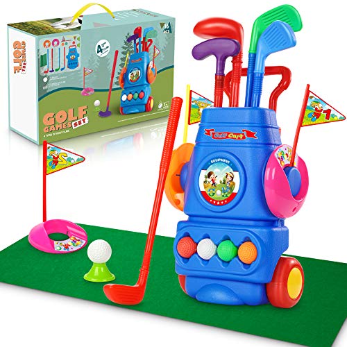 Otes Juego de Golf Niños Juguetes Deportivos Golf Plástico Carrito de Golf con Palos Divertido Mini Club de 16 Piezas para Exteriores y Interiores