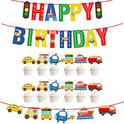 Ouceanwin Decoración de Cumpleaños, 3 piezas Pancarta Transporte Automóvil, Guirnalda Feliz Cumpleaños y 12 Transporte Cupcakes, Avión, Barco, Decoración de Pasteles, Autobús para Bebés y Niños