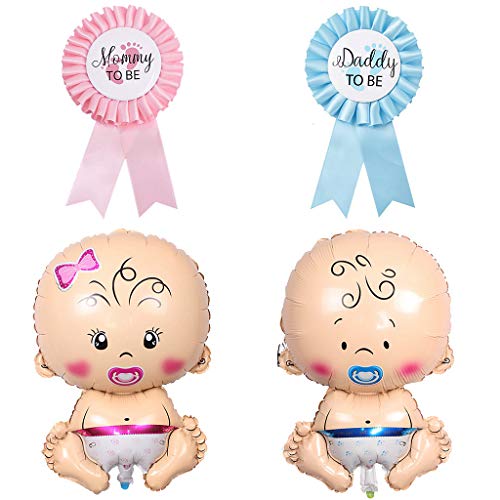 Ouceanwin Mommy to be Placa de Hojalata Pin y Daddy to be Género Revelar Botones con 2 Globos Bebé Niño Niña, Decoración de Fiesta para Revelar Género, Anuncio de Embarazo, Baby Shower