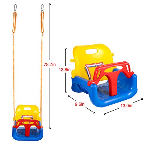 OUTCAMER Columpio Infantil Columpio 3 en 1 con Respaldo y Protección Frontal Desmontable para Seguridad con Cuerda de 2M para Niños (Multicolor)