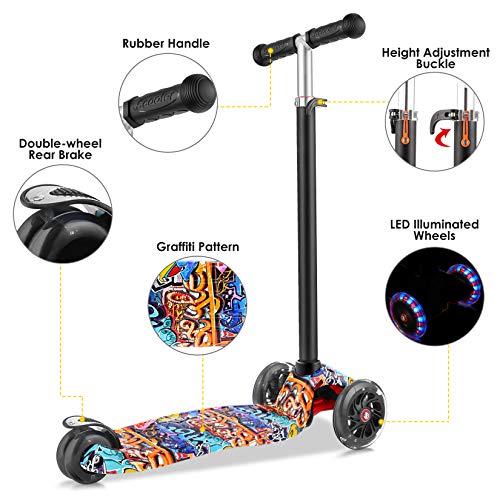 OUTCAMER Patinete para Niños 3 a 12 Años Patinete 3 Ruedas Luces LED y Altura Ajustable 76-86cm Pedal Antideslizante Scooter Patinete Niño y Niña Regalo de Pascua y Festival