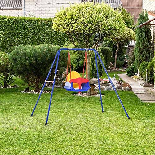 Outsunny Columpio para Niños +6 Meses con Soporte de Metal Asiento y Cinturón de Seguridad con Hebilla para Exteriores Carga Máx. 30kg 140x110x120cm Multicolor