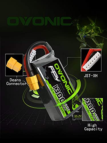 OVONIC 4S Lipo Batería 1300mAh 100C 14.8V FPV Lipo con Conector XT60 para RC Heli RC Avión Drone FPV Quadcopter DIY Hobby