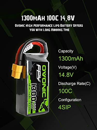 OVONIC 4S Lipo Batería 1300mAh 100C 14.8V FPV Lipo con Conector XT60 para RC Heli RC Avión Drone FPV Quadcopter DIY Hobby