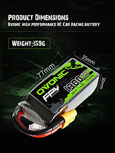 OVONIC 4S Lipo Batería 1300mAh 100C 14.8V FPV Lipo con Conector XT60 para RC Heli RC Avión Drone FPV Quadcopter DIY Hobby