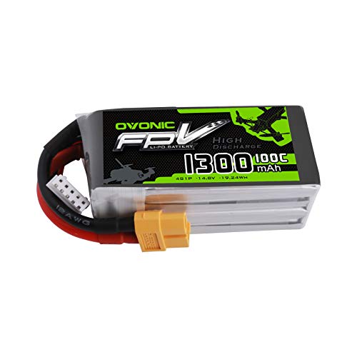 OVONIC 4S Lipo Batería 1300mAh 100C 14.8V FPV Lipo con Conector XT60 para RC Heli RC Avión Drone FPV Quadcopter DIY Hobby