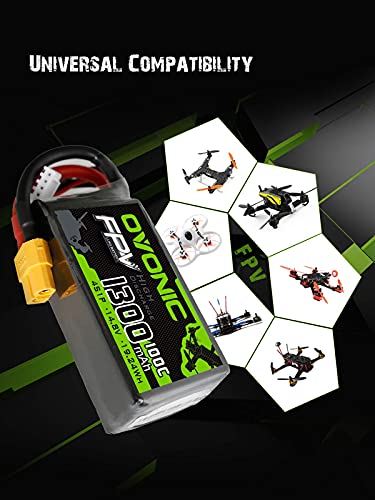 OVONIC 4S Lipo Batería 1300mAh 100C 14.8V FPV Lipo con Conector XT60 para RC Heli RC Avión Drone FPV Quadcopter DIY Hobby