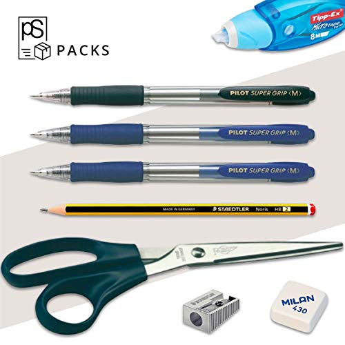 Pack Material Oficina - PS BASICS OFFICE (PLUS) - Kit de material Oficina: Subrayadores, Bolígrafos, Corrector Tipp-ex, Cinta Adhesiva, Tijeras, Grapadora. Productos de Papeleria al Mejor Precio