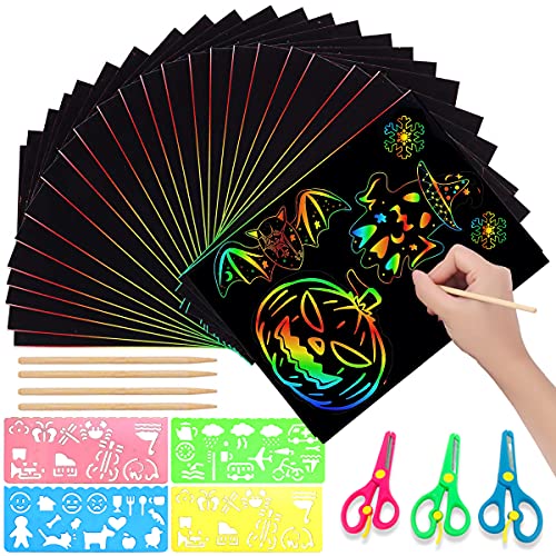 Papel de Rascar para Niños, 40 Hojas de Rascar Colores con Lápiz de Madera, Manualidades para Niños, Regalo Creativo, Manualidades para Niños, Hojas Scratch Art Cuadernos para Dibujar Papel de Rascar