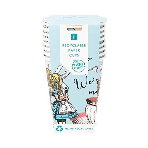 Paquete de 8 vasos de papel azules de Alicia en el país de las maravillas | Vajilla desechable, reciclable en casa | Suministros para Mad Hatter Tea Party, cumpleaños, meriendas, día de la madre