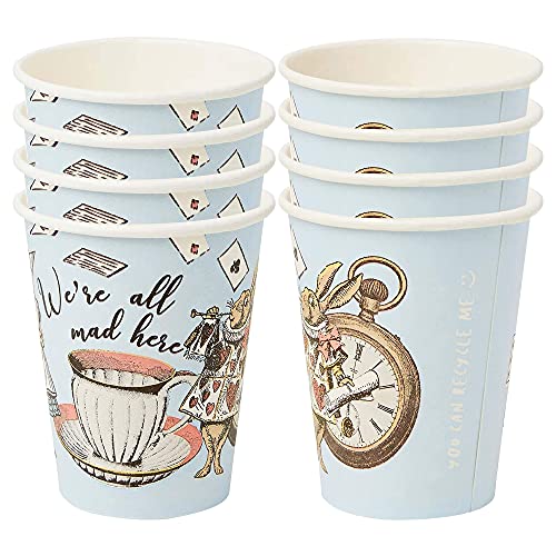 Paquete de 8 vasos de papel azules de Alicia en el país de las maravillas | Vajilla desechable, reciclable en casa | Suministros para Mad Hatter Tea Party, cumpleaños, meriendas, día de la madre