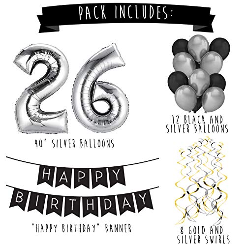 Paquete para Fiesta de Cumpleaños Número 26 “Happy Birthday”- Paquete con Banderín de Feliz Cumpleaños Negro y Plateado, Globos y Serpentinas- Decoración para Cumpleaños