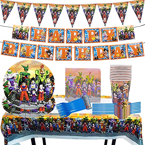 Party Supplies, Miotlsy 85 Piezas Dragon Ball Decoración Happy Birthday Party Vajilla Reutilizable Decoraciones de Vajilla con Pancartas, Platos, Servilletas, Manteles para Niños 10 Invitados