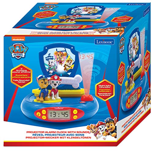 Patrulla Canina Paw Patrol Chase Reloj proyector, Luz de Noche incorporada, proyección de Tiempo en el Techo, Efectos de Sonido, Funciona con batería, Azul/Rojo, Multicolor (Lexibook RP500PA)