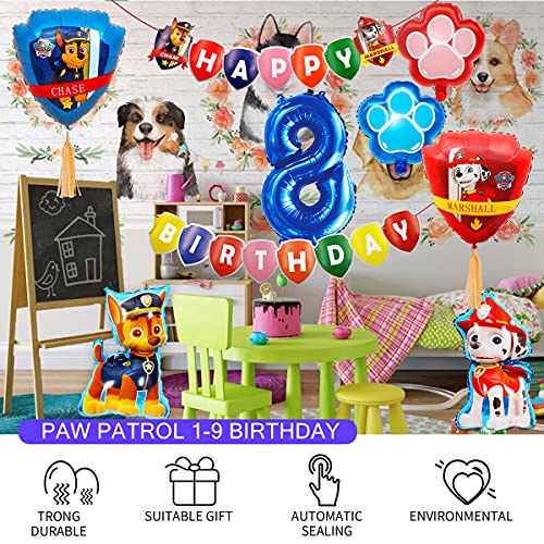 Paw Dog Patrol Balloons, Globos de Patrulla Canina, Globos De Dibujos Animados, Número 2 Azul, Juego de Decoración de Cumpleaños, Suministros para Fiestas Infantiles, 8 Piezas