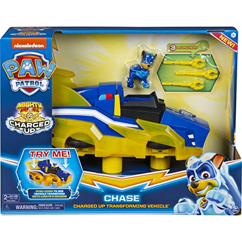 PAW Patrol Mighty Pups Charged Up Chase transformando vehículo de Lujo con Luces y Sonidos