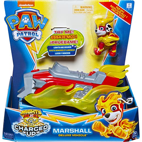 PAW PATROL Mighty Pups Charged Up Marshall’s Deluxe Vehicle with Lights and Sounds Vehículo de Lujo de Marshall Cargado con Luces y Sonidos, Color, 0 (Spin Master 6056841)