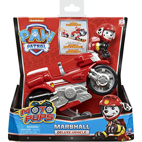 PAW PATROL Moto Pups Marshall’s Deluxe Pull Back Motorcycle Vehicle with Wheelie Feature and Figure Marshall Vehículo de Motocicleta con función (Spin Master 6061224)