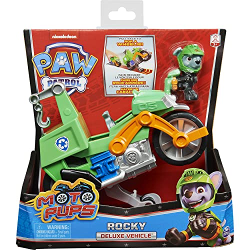 PAW PATROL Moto Pups Rocky’s Deluxe Pull Back Motorcycle Vehicle with Wheelie Feature and Figure Rocky's Vehículo de Motocicleta con Ruedas (Spin Master 6060545)