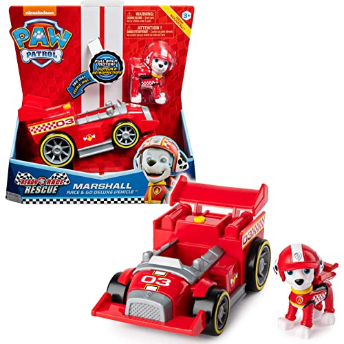 PAW PATROL Vehículo de Lujo Ready, Race, Rescue Marshall's Race and Go con Sonidos, para niños Mayores de 3 años