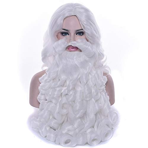 Pelucas de Cosplay de Navidad Barba Peluca de barba de Papá Noel Blanco Pelo largo y rizado sintético Disfraz de adulto Juego de roles Regalo de Navidad   Peluca de 80 cm barba