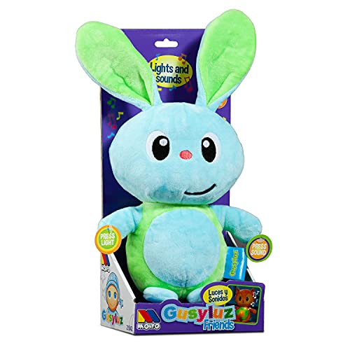 Peluche Conejo Musical. Gusy Luz® Molto. 3 Diferentes melodías en una manita y Luces relajantes en la Otra manita. Ligero y practico. Recién Nacidos