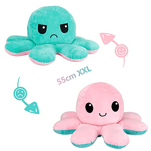 Peluche grande con forma de pulpo de doble cara, 55 cm, con forma de pulpo reversible, lavable, con forma de pulpo gigante, para niños y adultos como regalo de cumpleaños (cian rosa)