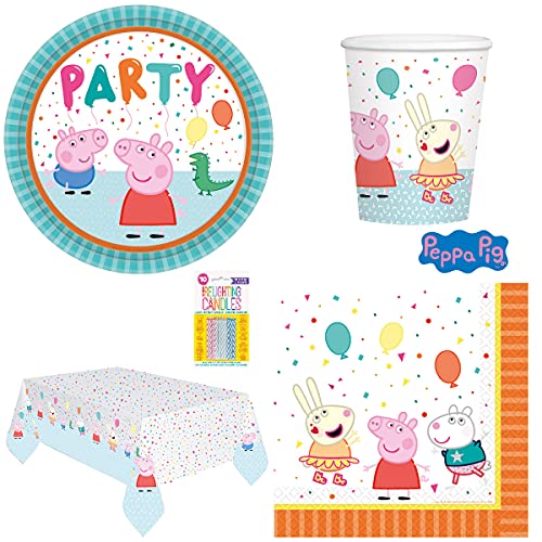 Peppa Pig - Kit completo para 16 niños (16 platos, 16 vasos, 16 servilletas, 1 mantel y 10 velas mágicas)