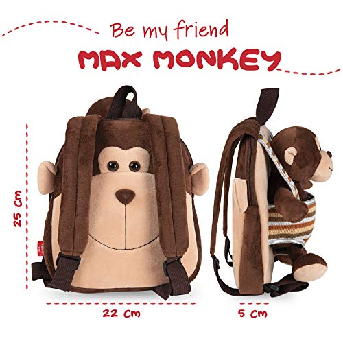 PERLETTI Mochila Infantil Pequeña de Monito de Peluche - Bolso para Niños Niñas 3 4 5 Años con Muñeco Extraíble para Escuela Guarderia Viaje - Bolsa Escolar Reversible - 22x25x3 cm (Mono)