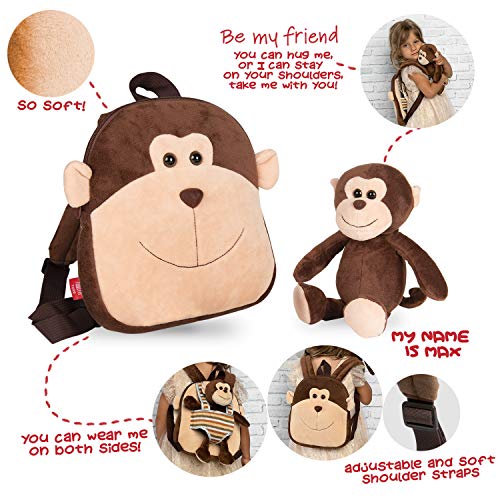 PERLETTI Mochila Infantil Pequeña de Monito de Peluche - Bolso para Niños Niñas 3 4 5 Años con Muñeco Extraíble para Escuela Guarderia Viaje - Bolsa Escolar Reversible - 22x25x3 cm (Mono)