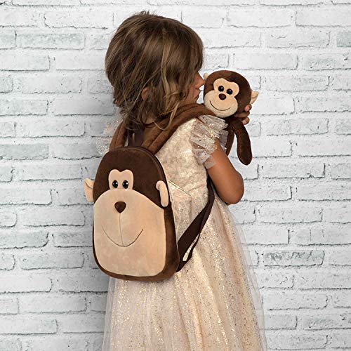 PERLETTI Mochila Infantil Pequeña de Monito de Peluche - Bolso para Niños Niñas 3 4 5 Años con Muñeco Extraíble para Escuela Guarderia Viaje - Bolsa Escolar Reversible - 22x25x3 cm (Mono)