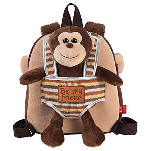 PERLETTI Mochila Infantil Pequeña de Monito de Peluche - Bolso para Niños Niñas 3 4 5 Años con Muñeco Extraíble para Escuela Guarderia Viaje - Bolsa Escolar Reversible - 22x25x3 cm (Mono)