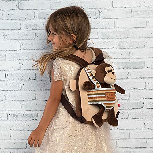 PERLETTI Mochila Infantil Pequeña de Monito de Peluche - Bolso para Niños Niñas 3 4 5 Años con Muñeco Extraíble para Escuela Guarderia Viaje - Bolsa Escolar Reversible - 22x25x3 cm (Mono)