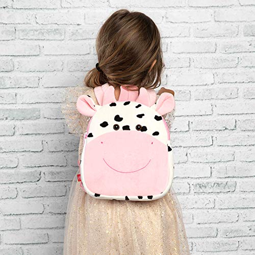 PERLETTI Mochila Infantil Pequeña de Vaca de Peluche - Bolso para Niños Niñas 3 4 5 Años con Muñeco Extraíble para Escuela Guarderia Viaje - Bolsa Escolar Reversible - 22x25x3 cm (Vaca)