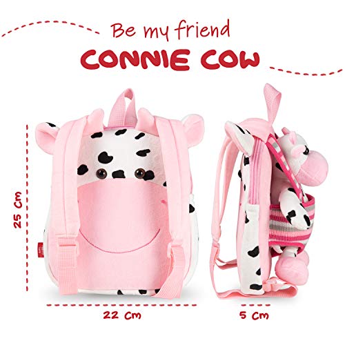 PERLETTI Mochila Infantil Pequeña de Vaca de Peluche - Bolso para Niños Niñas 3 4 5 Años con Muñeco Extraíble para Escuela Guarderia Viaje - Bolsa Escolar Reversible - 22x25x3 cm (Vaca)