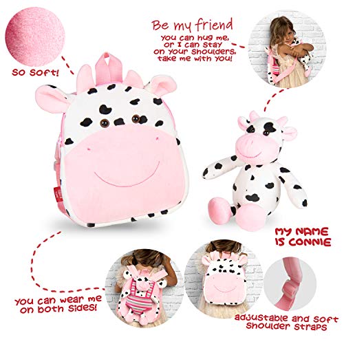 PERLETTI Mochila Infantil Pequeña de Vaca de Peluche - Bolso para Niños Niñas 3 4 5 Años con Muñeco Extraíble para Escuela Guarderia Viaje - Bolsa Escolar Reversible - 22x25x3 cm (Vaca)