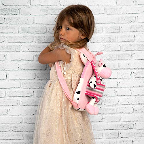 PERLETTI Mochila Infantil Pequeña de Vaca de Peluche - Bolso para Niños Niñas 3 4 5 Años con Muñeco Extraíble para Escuela Guarderia Viaje - Bolsa Escolar Reversible - 22x25x3 cm (Vaca)