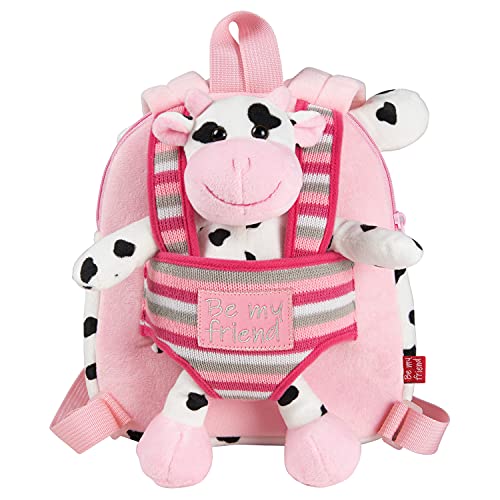 PERLETTI Mochila Infantil Pequeña de Vaca de Peluche - Bolso para Niños Niñas 3 4 5 Años con Muñeco Extraíble para Escuela Guarderia Viaje - Bolsa Escolar Reversible - 22x25x3 cm (Vaca)