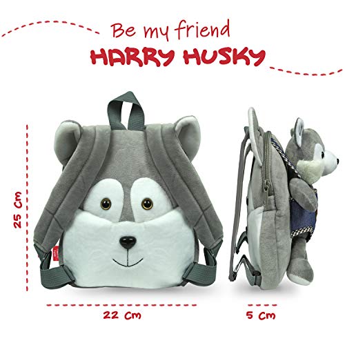 PERLETTI Mochila Infantil Pequeña Husky de Peluche - Bolso Perro Niños Niñas 3 4 5 Años con Muñeco Extraíble Escuela Guarderia Viaje - Bolsa Escolar Reversible con Perrito Peluche - 22x25x3 cm (Husky)