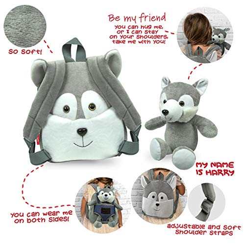 PERLETTI Mochila Infantil Pequeña Husky de Peluche - Bolso Perro Niños Niñas 3 4 5 Años con Muñeco Extraíble Escuela Guarderia Viaje - Bolsa Escolar Reversible con Perrito Peluche - 22x25x3 cm (Husky)