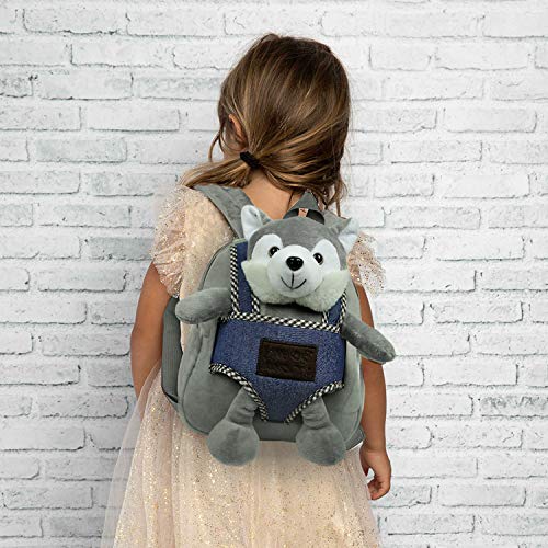 PERLETTI Mochila Infantil Pequeña Husky de Peluche - Bolso Perro Niños Niñas 3 4 5 Años con Muñeco Extraíble Escuela Guarderia Viaje - Bolsa Escolar Reversible con Perrito Peluche - 22x25x3 cm (Husky)